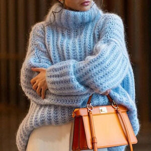 Blue Casual Women's High Neck Drop Shoulder Long Sleeve Sweater